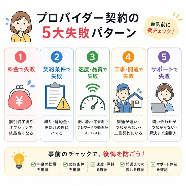 プロバイダー契約の失敗パターン一覧(料金・契約条件・速度・工事・サポートの5大失敗)