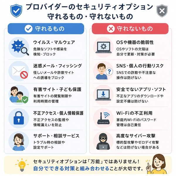 プロバイダーのセキュリティオプションで守れるもの・守れないもの比較図