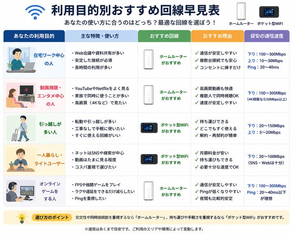 利用目的別おすすめ回線早見表
