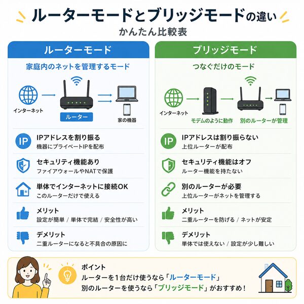 ルーターモードとブリッジモードの違い比較