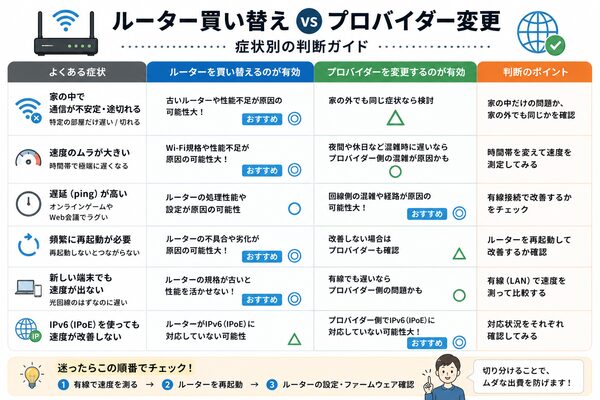 ルーター買い替え vs プロバイダー変更|症状別の判断基準比較図