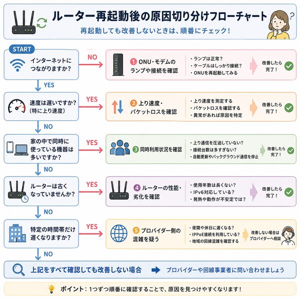 ルーター再起動後の原因切り分けフローチャート