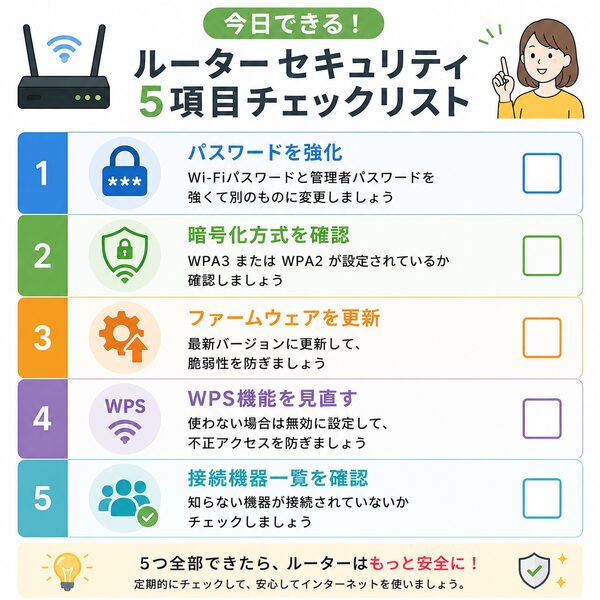 今日できるルーターセキュリティ5項目チェックリスト（パスワード・暗号化・更新・WPS・接続機器）