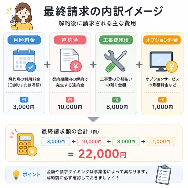 最終請求の内訳イメージ(月額料金・違約金・工事費残債・オプション料金)