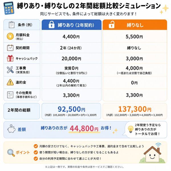 縛りあり・縛りなしの2年間総額比較シミュレーション