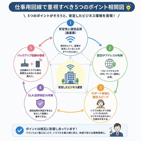 仕事用回線で重視すべき5つのポイント相関図