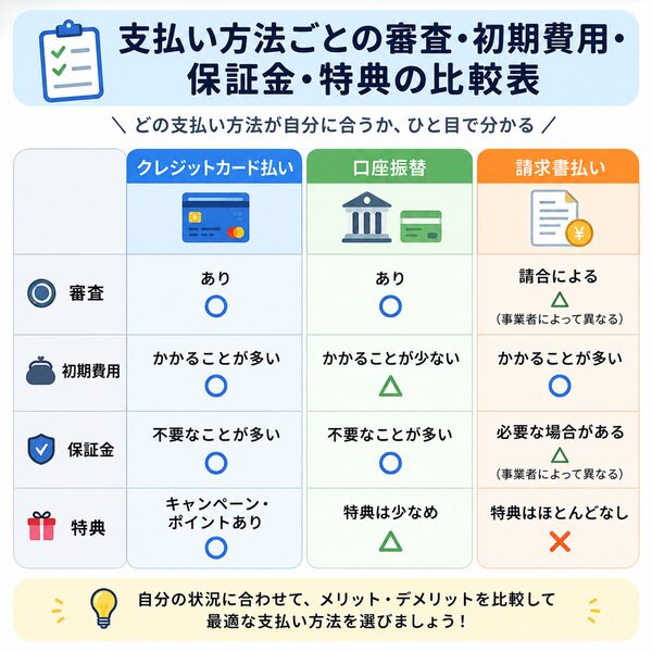 支払い方法ごとの審査・初期費用・保証金・特典の比較表