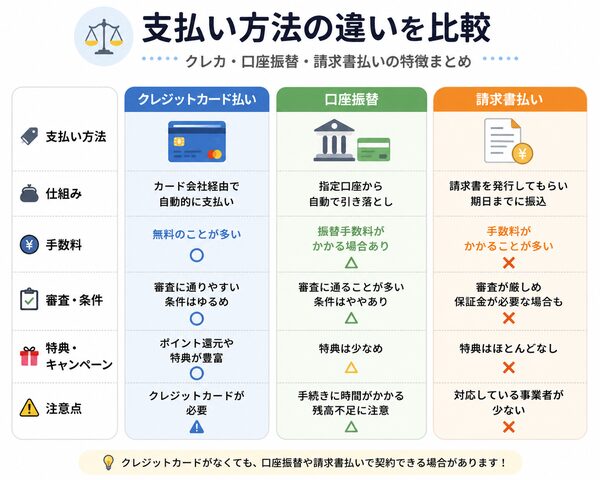 支払い方法別の比較図(クレジットカード・口座振替・請求書払いの違い)