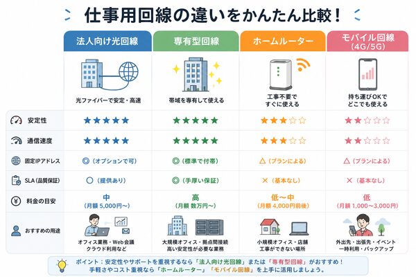 法人向け光回線・専有型回線・ホームルーター・モバイル回線の違い比較図