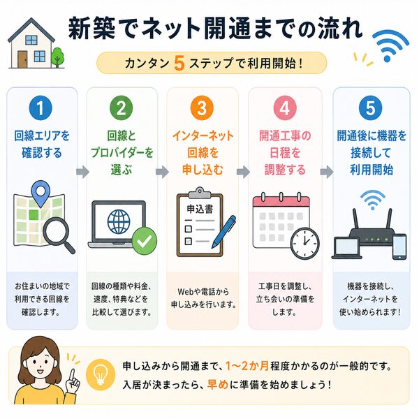 新築でネット開通までの流れ(エリア確認→申込→工事→利用開始)