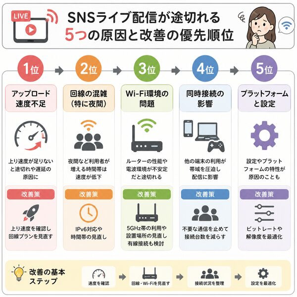 SNSライブ配信が途切れる5つの原因と改善の優先順位【フローチャート】