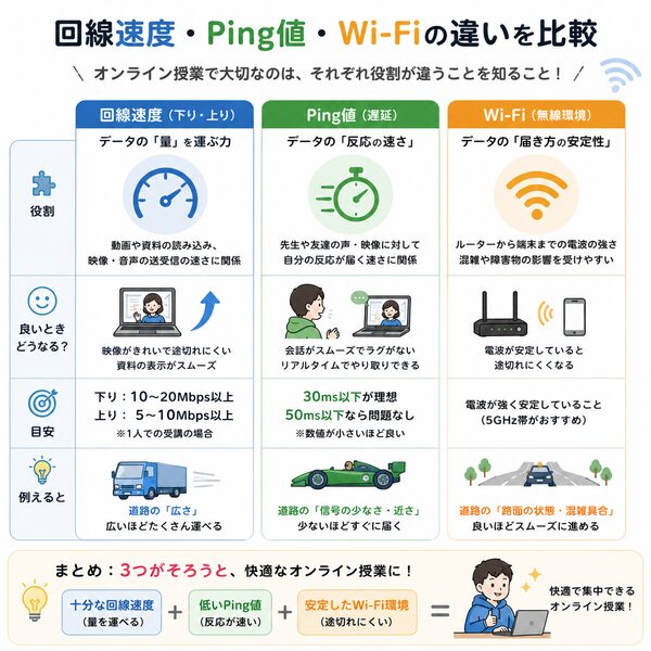 回線速度・Ping値・Wi-Fiの違いを比較した図解