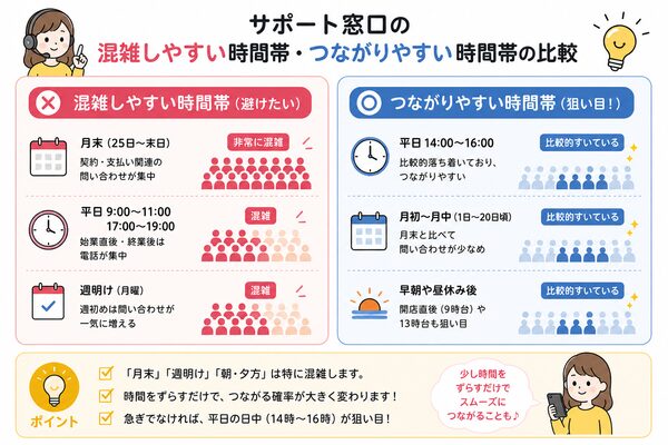 サポート窓口の混雑しやすい時間帯・つながりやすい時間帯の比較