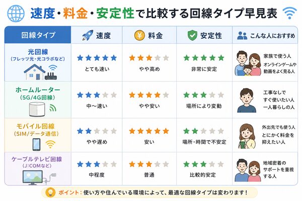 速度・料金・安定性で比較する回線タイプ早見表