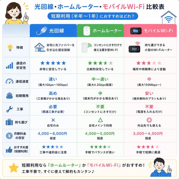 光回線・ホームルーター・モバイルWi-Fi比較図(短期利用向け)