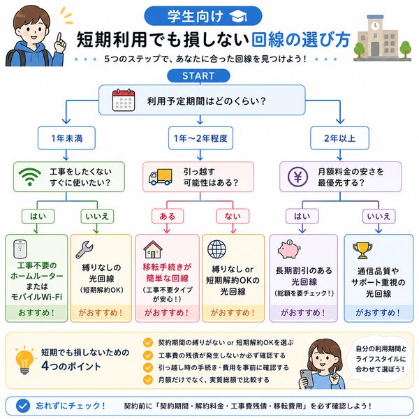 学生向け|短期利用でも損しない回線の選び方【フローチャート】