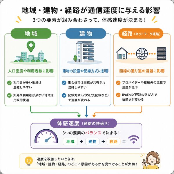 地域・建物・経路が通信速度に与える影響の関係図