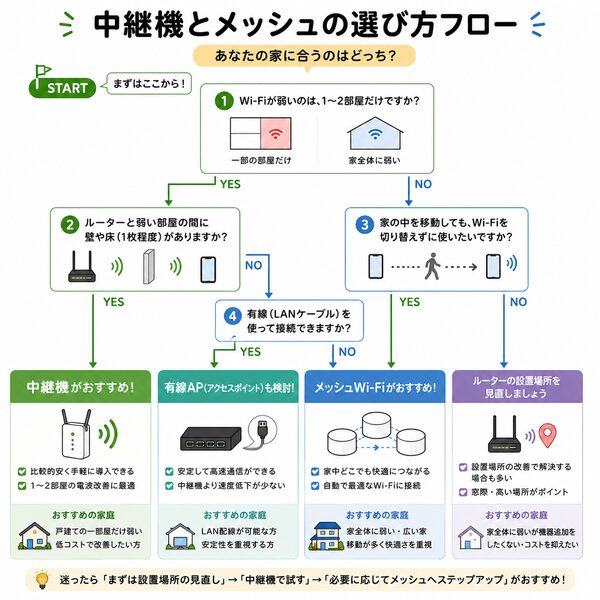 中継機とメッシュの選び方フロー