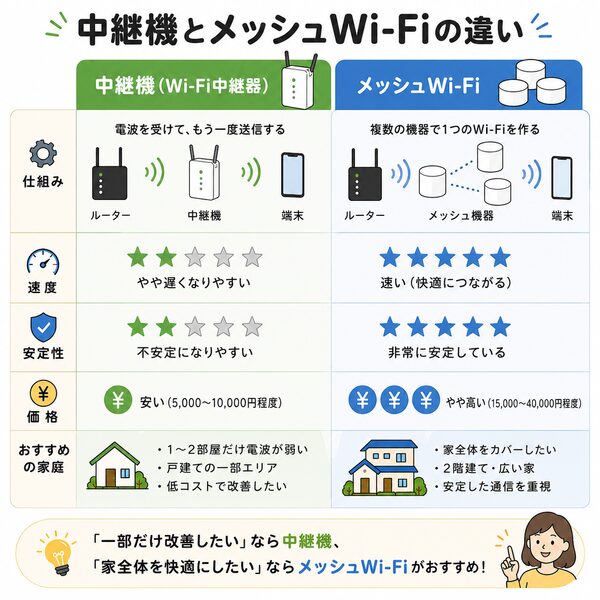 中継機とメッシュWi-Fiの違い比較図(仕組み・速度・安定性・おすすめ家庭)