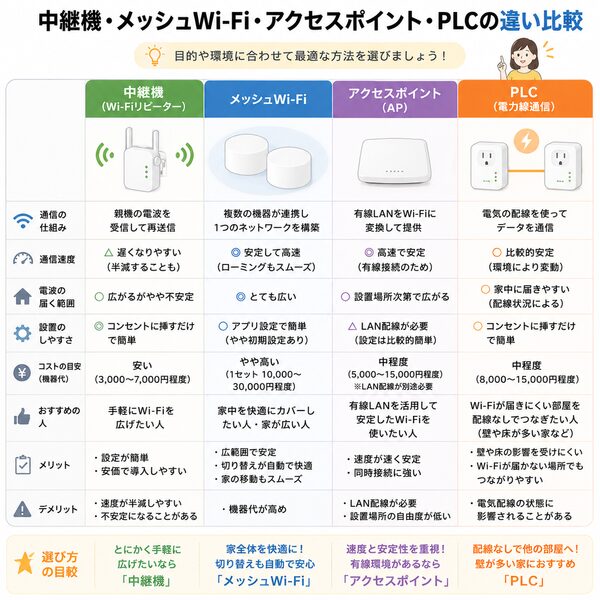 中継機・メッシュWi-Fi・アクセスポイント・PLCの違い比較表