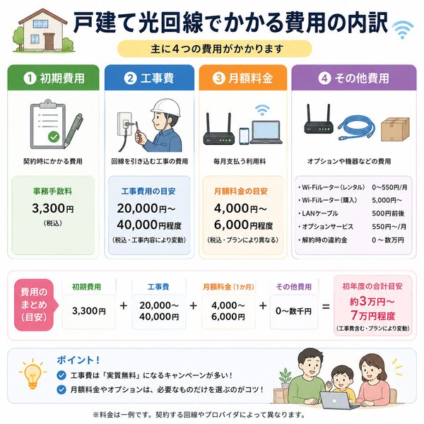 戸建て光回線でかかる費用の内訳(初期費用・工事費・月額料金・その他費用)