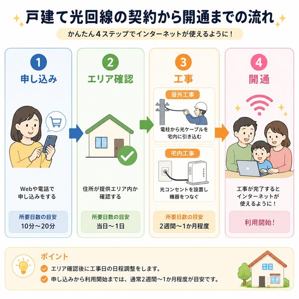 戸建て光回線の契約から開通までの流れ(申し込み→エリア確認→工事→開通)