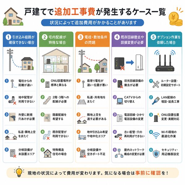 戸建てで追加工事費が発生するケース一覧(引き込み・宅内配線・設備変更・オプション)