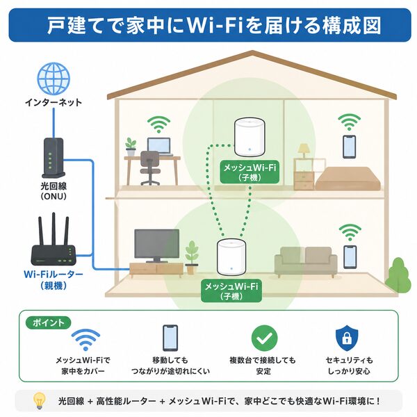 戸建てで家中にWi-Fiを届ける構成図