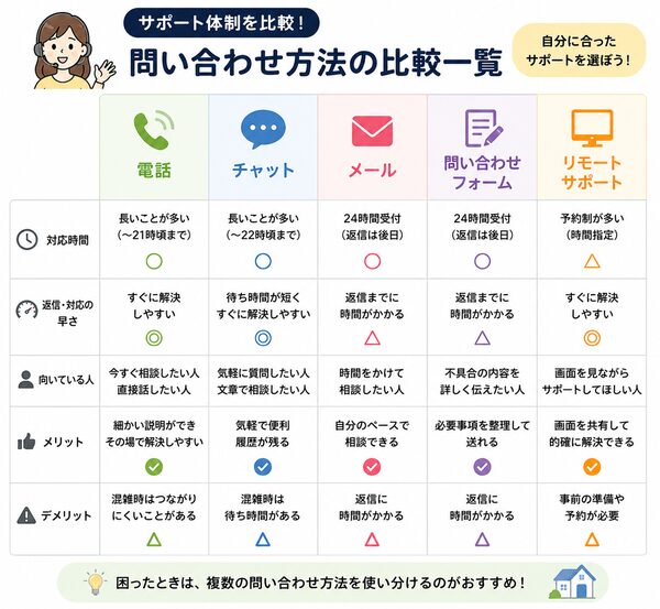 電話・チャット・メールなど問い合わせ方法の比較図