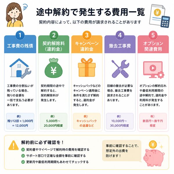 途中解約で発生する費用一覧(工事費残債・違約金・キャンペーン違約金・撤去費・オプション費用)