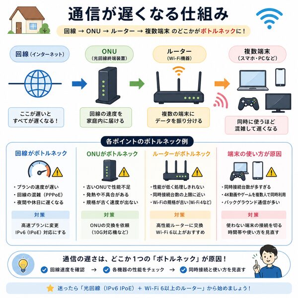 通信が遅くなる仕組み(回線→ONU→ルーター→複数端末)のボトルネック図