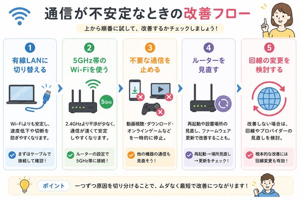通信が不安定なときの改善フロー(有線LAN→5GHz→不要な通信停止→ルーター見直し→回線変更)