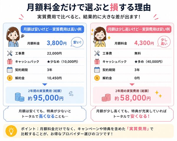 月額料金だけで選ぶと損する理由(比較図)
