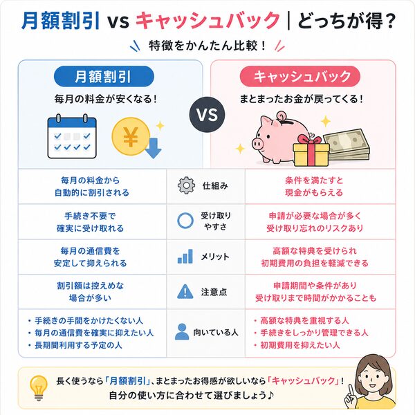 月額割引とキャッシュバックの違い比較図