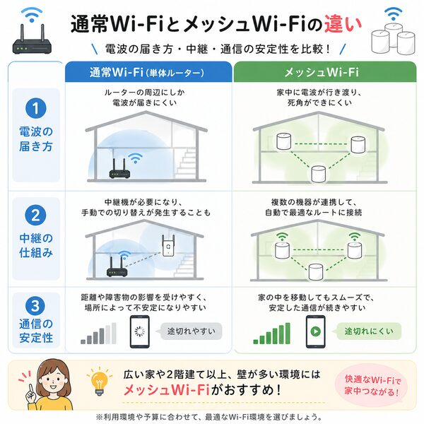 通常Wi-FiとメッシュWi-Fiの違い（電波の届き方・中継・通信の安定性を比較）