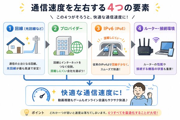 通信速度を左右する4つの要素(回線・プロバイダー・IPv6・ルーター)の関係図