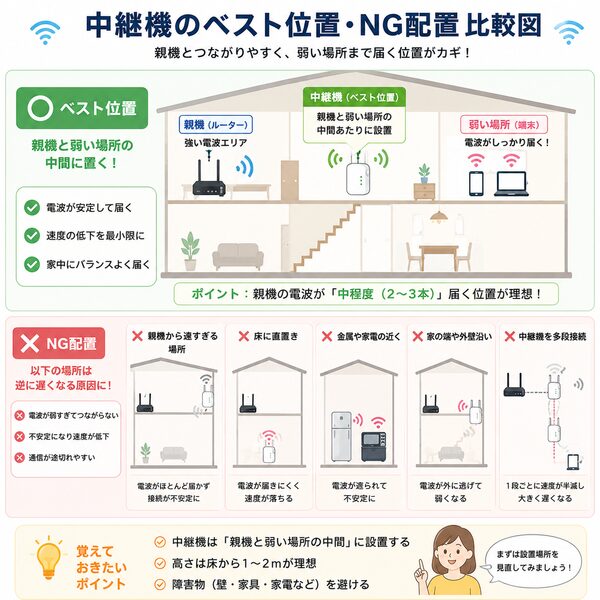 中継機のベスト位置・NG配置比較図