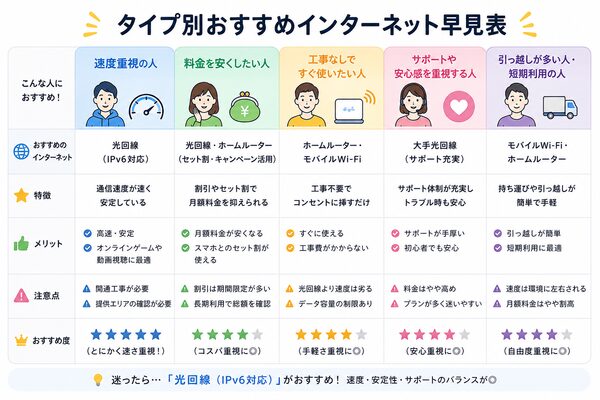 タイプ別おすすめインターネット早見表(比較表)