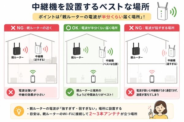 中継機を設置するベストな場所（OK・NG比較図）