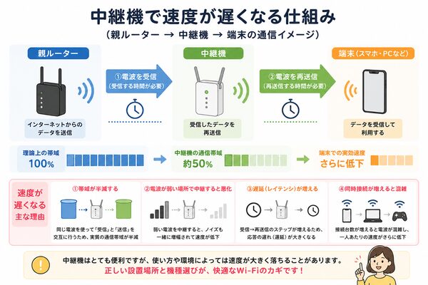 中継機で速度が遅くなる仕組み（親ルーター→中継機→端末の通信イメージ）