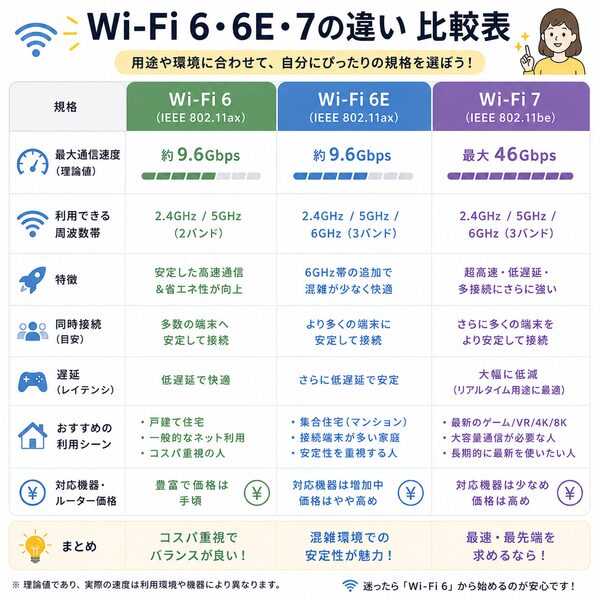 Wi-Fi 6・6E・7の違い比較表