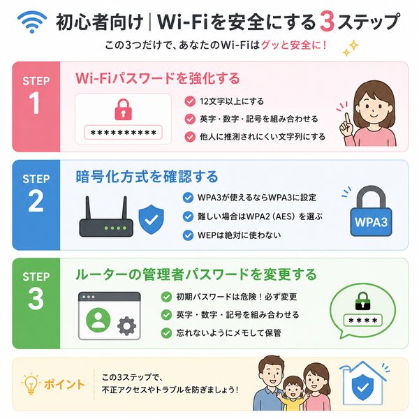 初心者向け|Wi-Fiを安全にする3ステップ(パスワード強化→暗号化方式確認→管理者パスワード変更)