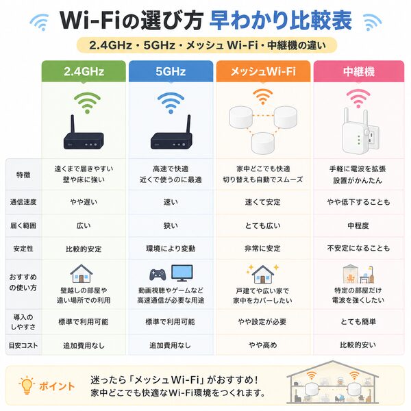 2.4GHz・5GHz・メッシュWi-Fi・中継機の違い比較表