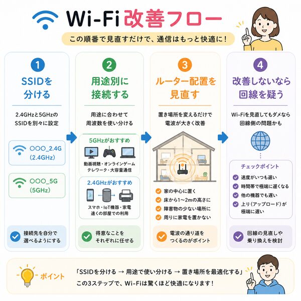 Wi-Fi改善フロー(SSIDを分ける→用途別に接続→ルーター配置見直し→回線を疑う)