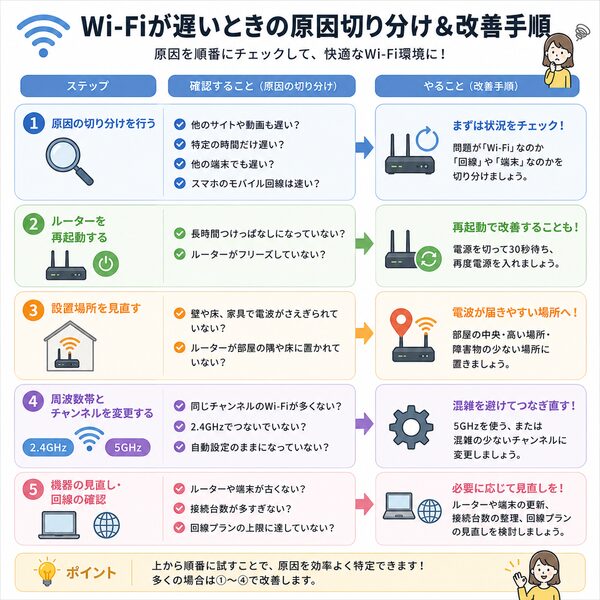 Wi-Fiが遅いときの原因切り分け&改善手順