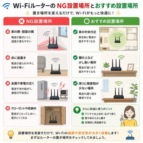 Wi-FiルーターのNG設置場所とおすすめ設置場所の比較図