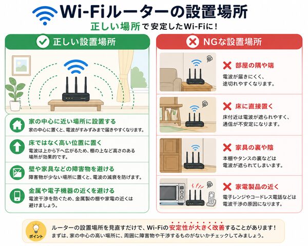 Wi-Fiルーターの正しい設置場所・NG設置場所比較図