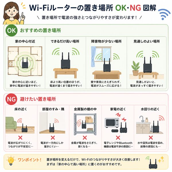 Wi-Fiルーターの置き場所「OK・NG」図解