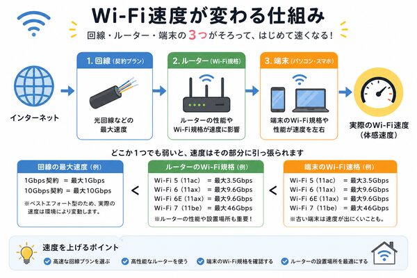 Wi-Fi速度が変わる仕組み（回線・ルーター・端末の関係図）