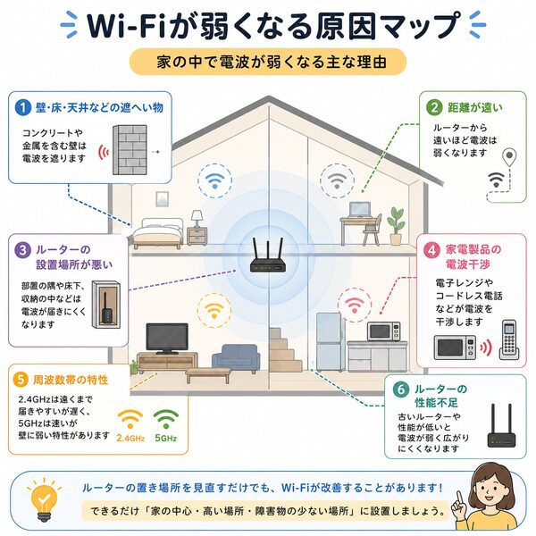 Wi-Fiが弱くなる原因マップ(家の中で電波が弱くなる理由)